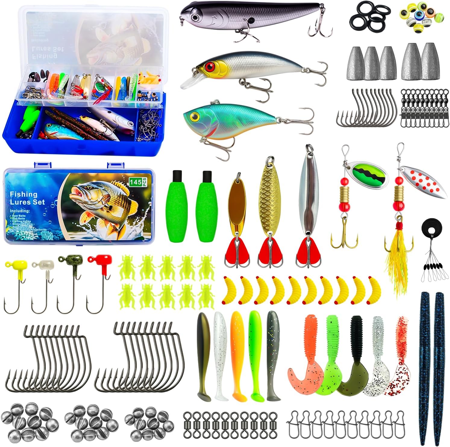 145PCS Fishing Tackle Box Kit with Tackle Included, Fishing Lures, Fishing Hooks & Fishing Accessories Kits for Freshwater Fishing Gear, Great Gifts for Fishingman