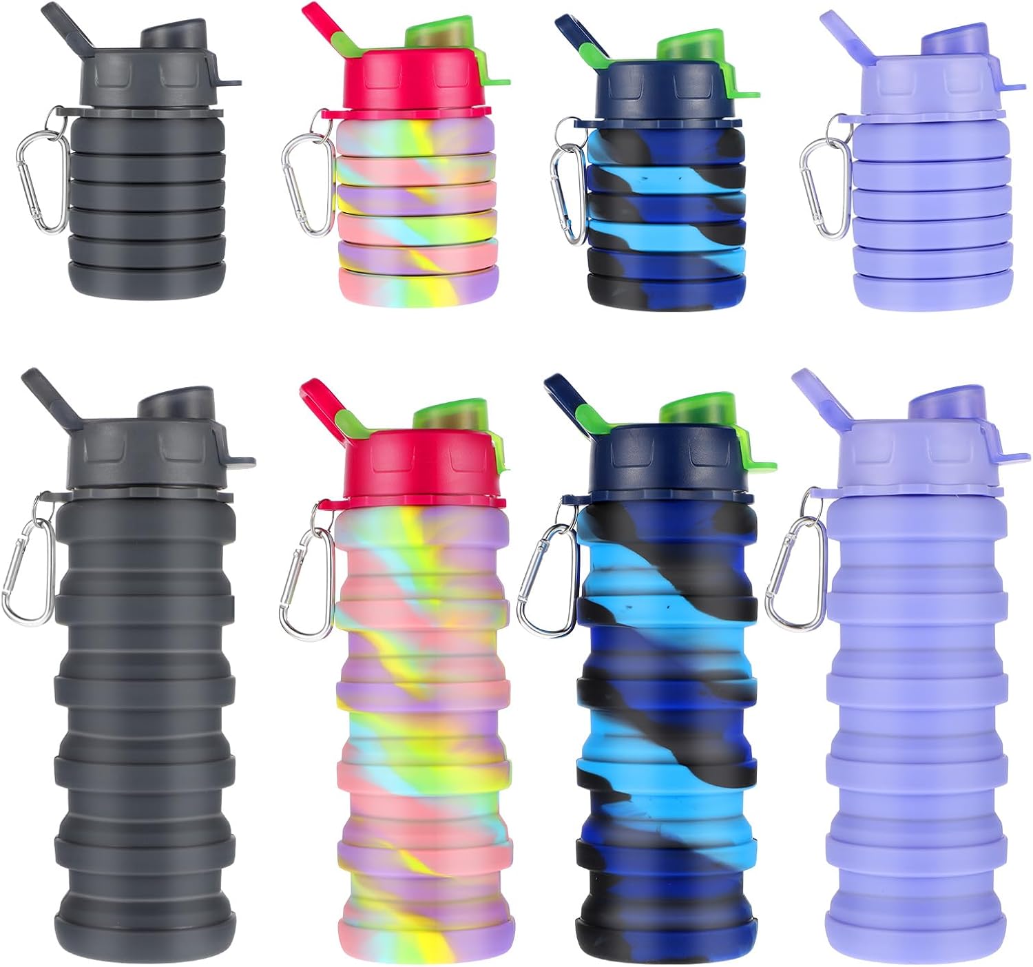 MAQUITA 4 Pcs Collapsible Water Bottles 16 oz Portable Foldable Water Bottles Silicone Leak Proof Travel Water Bottle Reusable Sports Water Bottle with Metal Clip for Camping Hiking Travel