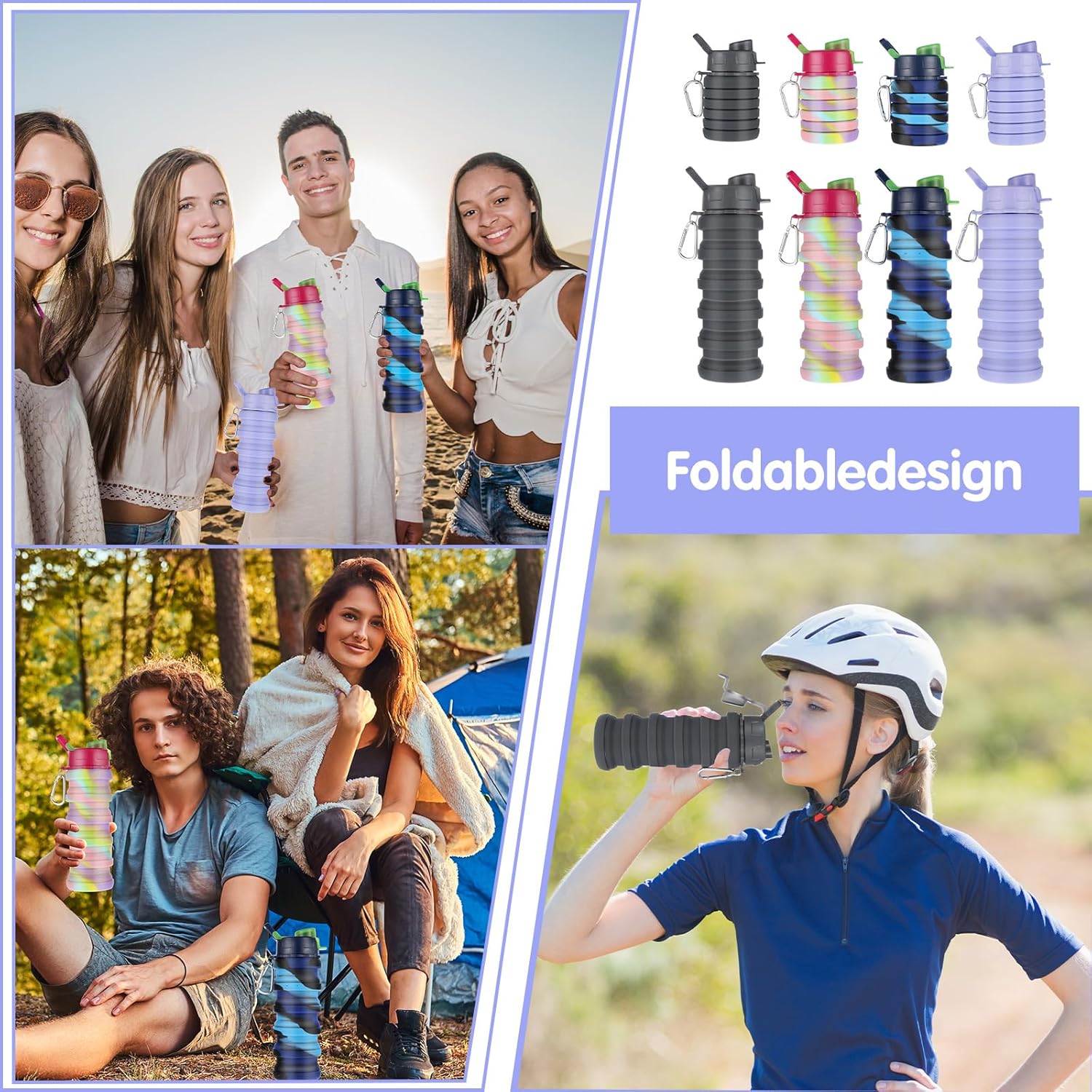 MAQUITA 4 Pcs Collapsible Water Bottles 16 oz Portable Foldable Water Bottles Silicone Leak Proof Travel Water Bottle Reusable Sports Water Bottle with Metal Clip for Camping Hiking Travel - Image 4