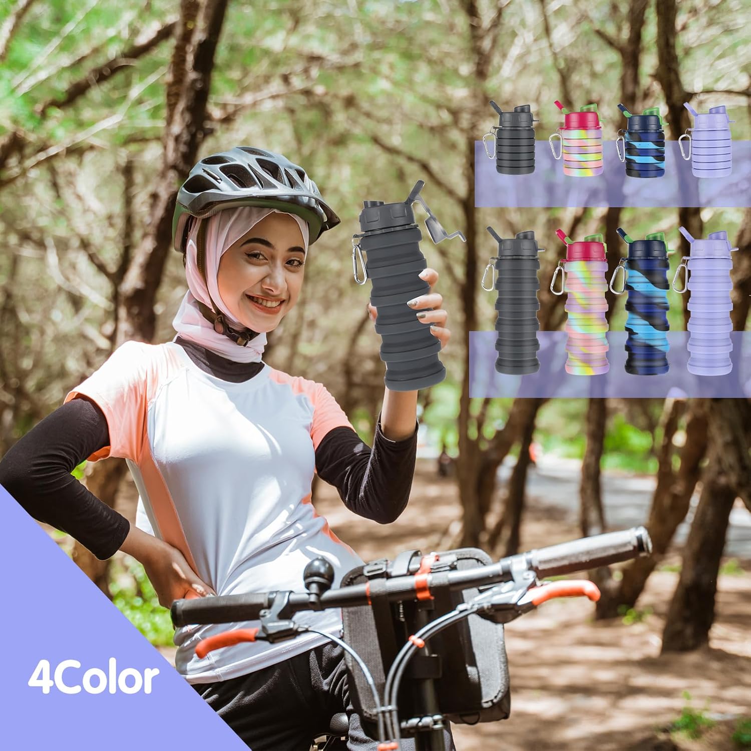 MAQUITA 4 Pcs Collapsible Water Bottles 16 oz Portable Foldable Water Bottles Silicone Leak Proof Travel Water Bottle Reusable Sports Water Bottle with Metal Clip for Camping Hiking Travel - Image 5